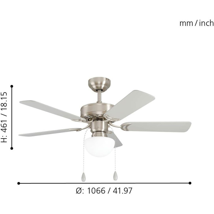 Стельовий вентилятор EGLO CADIZ, 5-лопатевий вентилятор з підсвічуванням, тяговий ланцюг, реверсивні лопаті з МДФ сріблястого або дубового кольору, корпус зі сталі матового нікелю, літо-зима, двигун змінного струму, Ø 106,6 см