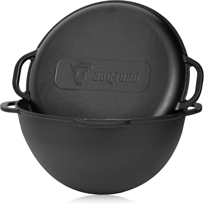 Казан чавунний BBQ-Toro з кришкою 19 л Традиційний чавунний казан Казан з круглою основою Гриль вок попередньо приправлений готови