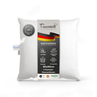 Пухова подушка, виготовлена в Німеччині, 3-камерна, 80x80 см, білого кольору, підходить для алергіків, сертифікована за стандартом Oeko-Tex Standard 100, клас 1, Downpass 80 x 80 см 1