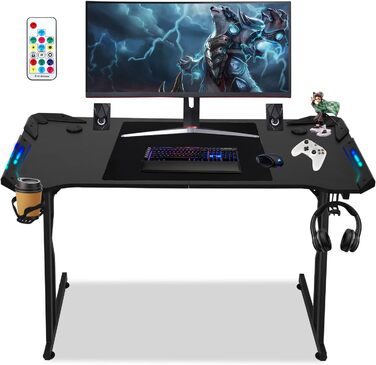 Ігровий стіл зі світлодіодним підсвічуванням, ігровий стіл 140 x 60 см, ігровий стіл для ПК з вуглецевим волокном, ігровий стіл зі світлодіодною Z-подібною рамкою, комп&39ютерний стіл для геймерів з гачком для навушників та тримачем для напоїв