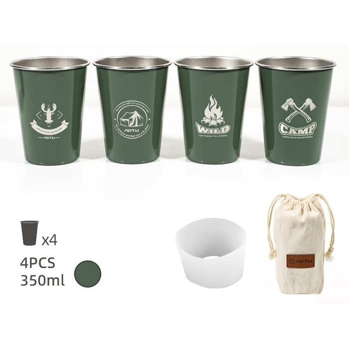 Набір стаканчиків з нержавіючої сталі для використання на відкритому повітрі, 4 предмети, металеві стаканчики харчового класу 304, об&39ємом 350 мл, що складаються один на одного, з сумкою для перенесення, для пікніків, подорожей (зелені)