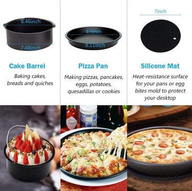 Аксесуари для фритюрниці 22 см XL 7 шт. з формою для кексів, формою для піци, силіконовою чашкою для випічки, кулінарною книгою рецептів для 5.3Qt - 6.8Qt Пароварка для фритюрниці 22.9 см - 7 шт.