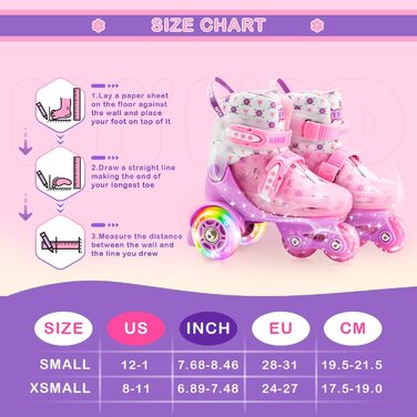 Дитячі роликові ковзани, 4 регульовані розміри, стабільна та безпечна 3-точкова конструкція, роликові ковзани для дівчаток для початківців з дихаючим верхом, легкі та з цікавим квітковим дизайном, розмір S 28-32 EU