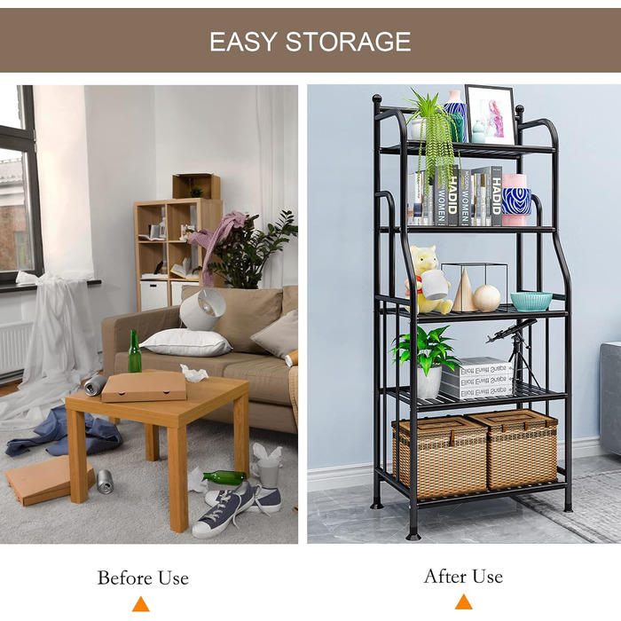 Рівнева металева полиця для квітів, окремостояча книжкова полиця, кухонні полиці, міцні полиці, підходить для вітальні, балкону, саду (55x28x133 см) (чорна) Чорний 55x28x133 см, 5-