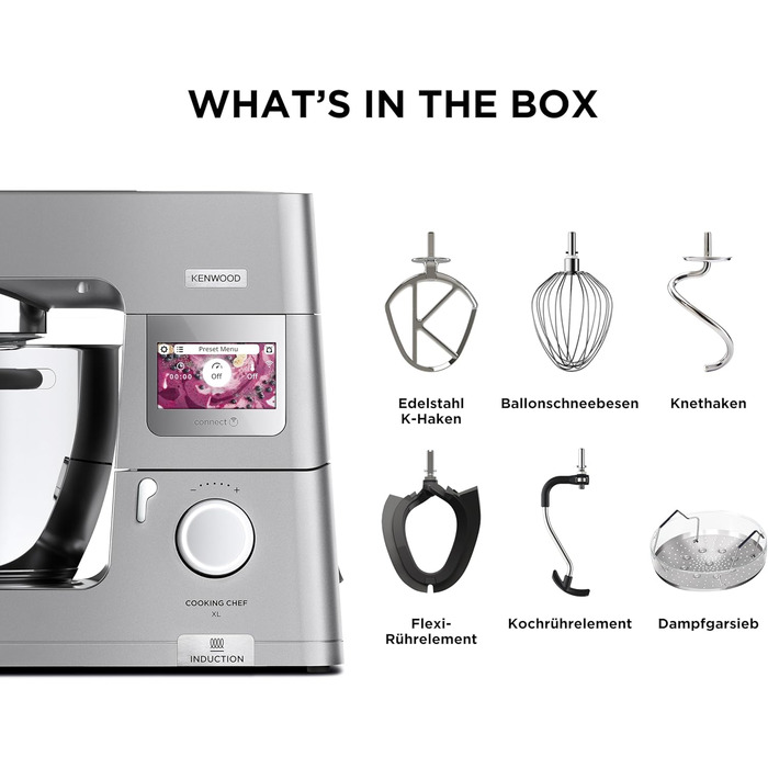 Кухонний комбайн Kenwood Cooking Chef XL KCL95.004SI з функцією приготування та вбудованою шкалою, чаша з нержавіючої сталі 6,7 л, 1500 Вт, в т.ч. набір кондитерських виробів з 5 предметів, срібло