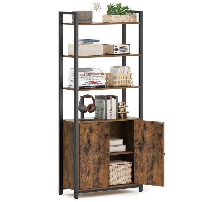 Книжкова полиця VASAGLE, 6 ярусів, полиця, окремостояча полиця з дверцятами, металевий каркас, регульовані полиці, 24 x 60 x 159,5 см, для вітальні, спальні, вінтажний коричневий-чорний LLS133K01 60B см Вінтажний коричневий чорнильний