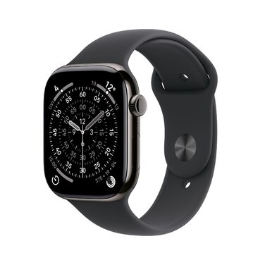 Розумний годинник Apple Watch Series 11 GPS Cellular 46 мм із титановим корпусом кольору шифер та спортивним ремінцем чорного кольору (M/L), показником сну, фітнес-трекером, моніторингом здоров&39я, завжди ввімкненим дисплеєм. Спортивний ремінець, корпус 