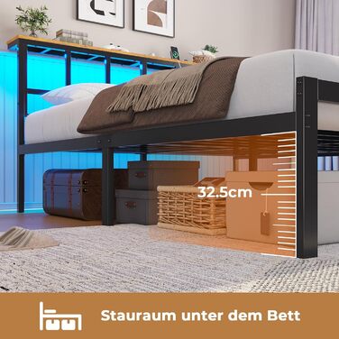 Ліжко 180x200 з металевою рейковою основою, каркас ліжка 180x200 см зі світлодіодним освітленням, зарядна станція (2 розетки змінного струму, 2 USB-порти), металеве ліжко 180x200 см з узголів&39ям та місцем для зберігання речей, двоспальне ліжко