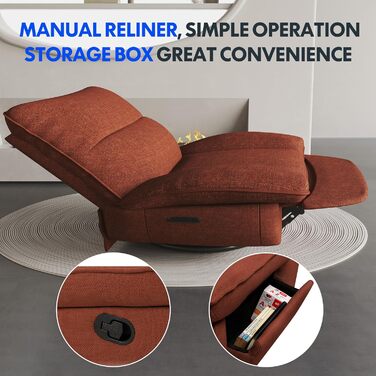 Крісло з ручним керуванням, Крісло-ліжко, Обертове крісло з функцією гойдання, Крісло-гойдалка для вітальні, Крісло для телевізора з регульованою спинкою, Реклайнер (Помаранчево-коричневий) Помаранчево-коричневий XC6 Lotus Manual, 6