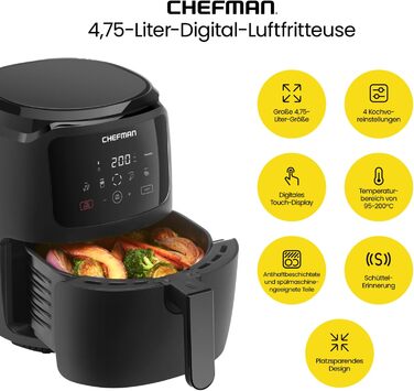 Цифрова фритюрниця Chefman, сімейний розмір 4.75 літра, керування одним дотиком, картопля фрі, курка, м'ясо, риба, антипригарний, можна мити в посудомийній машині, автоматичне вимкнення, чорний Великобританія