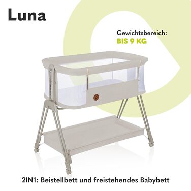 Портативне ліжечко Lionelo Luna ONE з матрацом, дорожнє ліжечко, від новонароджених до 9 кг, регульована висота та нахил, 4 колеса з гальмами, кріплення до ліжка батьків (бежевий) Бежевий одномісний