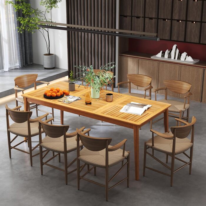 Обідній стіл GIANTEX на 8 осіб, садовий стіл з дерева акації з отвором для парасольки 5 см, садовий стіл для заднього двору, веранди та саду, всепогодний балконний стіл (200 x 90 см)