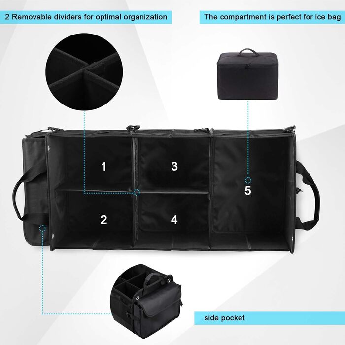 Органайзер для багажника авто, позашляховика, пікапа з від'ємною термосумкою, багатосекційний з відкидною кришкою, нековзним дном, для зберігання речей у дорозі (чорний) П