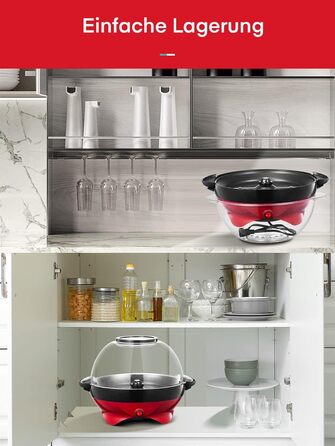 Машина для попкорну FOHERE, 5.5-літрова машина для дому, машина для попкорну з цукром, олією, маслом, антипригарним покриттям і знімною нагрівальною поверхнею, тиша та швидкість, велика кришка як миска для подачі червона