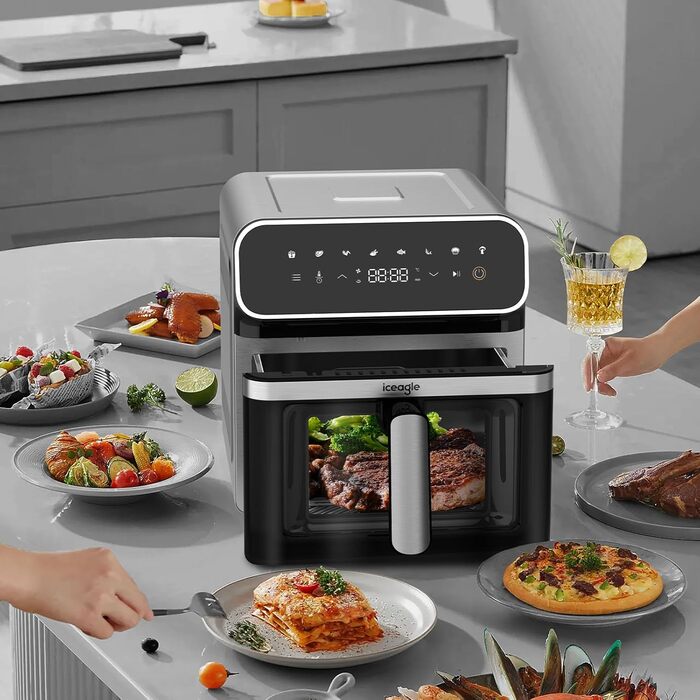 Фритюрниця Iceagle 6.7 л Airfryer XXL - фритюрниця 2200 Вт з подвійним нагріванням, фритюрниця з 8 програмами, оглядове вікно, світлодіодний сенсорний екран, книга рецептів, чорна 6.7 л