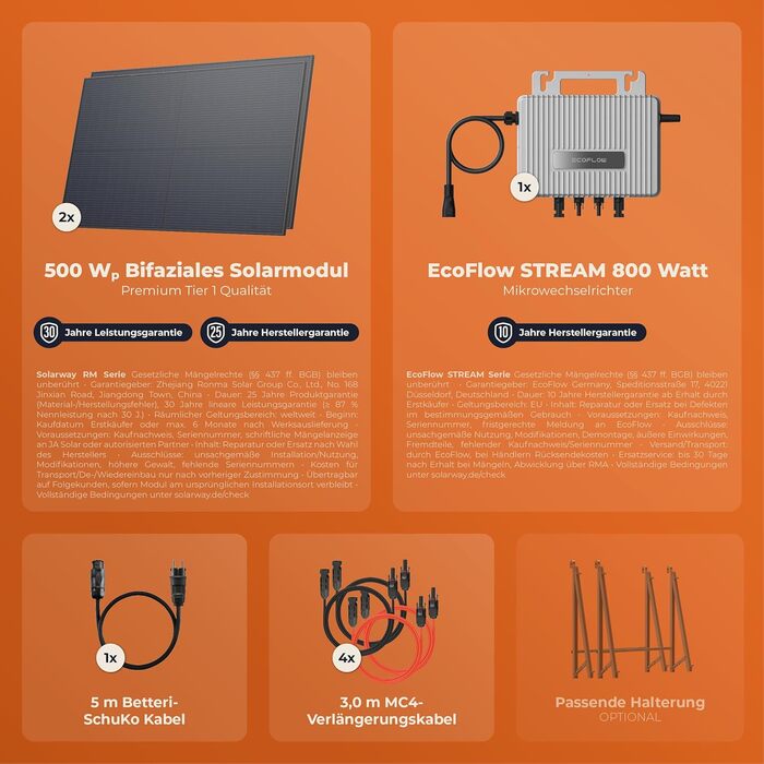 Електростанція Solarway 1000 Вт / 800 Вт для балкону в комплекті з розеткою - Найновіший інвертор EcoFlow Stream 800 Вт - Повний комплект сонячної системи - Двосторонні чорні сонячні панелі 500 Вт та EcoFlow з аксесуарами (без місця для зберігання, без мо