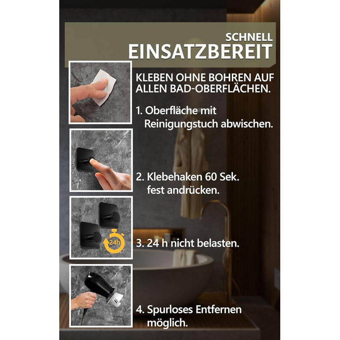 Рушникосушка без свердління - 5 шт. гачків для рушників для ванної кімнати, чорні клейкі гачки сучасні, стильні - гачки самоклеючі