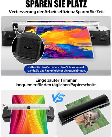 Ламінатор, ламінатор A3 з 50 ламінуючими пакетами, швидкий прогрів за 70 секунд, машина для гарячого та холодного ламінування з вбудованим різаком для паперу для дому, школи, офісу, чорний-50pics