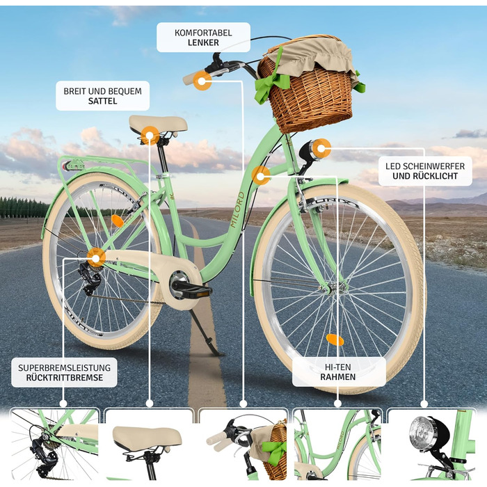 Велосипед Milord Comfort з плетеним кошиком, голландський велосипед, жіночий велосипед, міський велосипед, вінтажний, 26 дюймів, м&39ятно-кремовий, 7 швидкостей, зелений