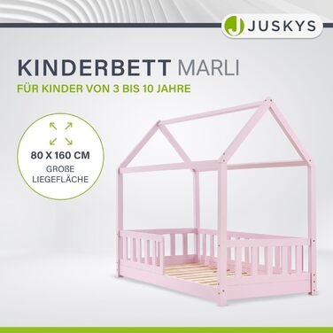 Дитяче ліжко Juskys Marli 80 x 160 см з матрацом, захисними поручнями, рейковою основою та дахом - Ліжко-будиночок з масиву дерева для дітей - Ліжко рожевого кольору