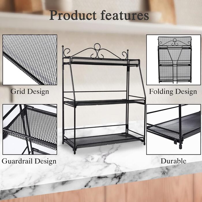 Стійка для спецій Uten, 3-рівнева металева кухонна полиця, складна та міцна, для стільниці, кухні, ванної кімнати, чорного кольору