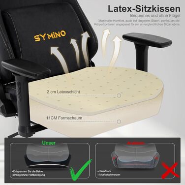 Ігрове крісло Symino з латексною подушкою сидіння, вантажопідйомність 300 кг, ергономічне комп&39ютерне крісло з поперековою опорою та підголівником з піни з ефектом пам&39яті, дихаюче офісне крісло зі штучної замші, чорне