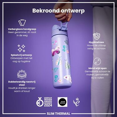 Пляшка для води ion8, 500 мл, герметична, відкривається однією рукою, надійний замок, можна мити в посудомийній машині, без BPA, ручка для перенесення, відкидна кришка, легко миється, кліматично нейтральна, світло-фіолетовий метелик, ізольована сталь