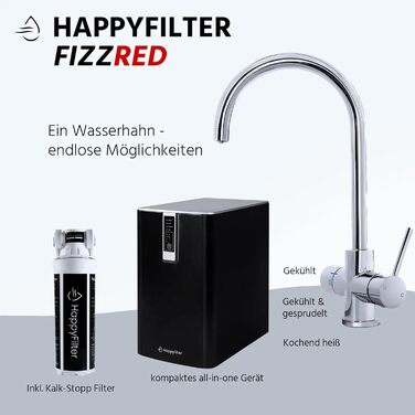 Чайник для виробництва газованої води HappyFilter FizzRed охолоджений шипучий кип'ятіння Сенсорний чорний змішувач 3в1 Фільтр від накипу Диспенсер для води Офіс Кухня Стаціонарне підключення до водопроводу Адаптер CO2 425 г 3 в 1 чорний 425 г CO2