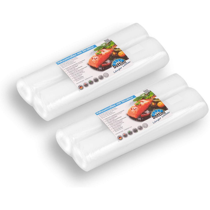 Вакуумні ролики з гофрованою структурою 28 x 600 см sous vide, плівки професійної якості з ущільнювальною кромкою та структурними вакуумними пакетами для всіх вакуумних пакувальників, 4 шт., BOTTINI
