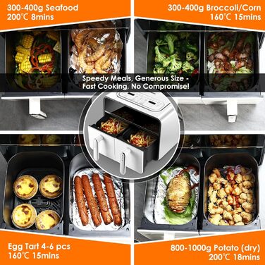 Двокамерна фритюрниця Skyehomo 2100 Вт, цифрова фритюрниця з подвійним кошиком із прозорим вікном, програми 14 в 1 і світлодіодний сенсорний екран, двокамерна фритюрниця без бісфенолу А майже без олії, резерв 24 години