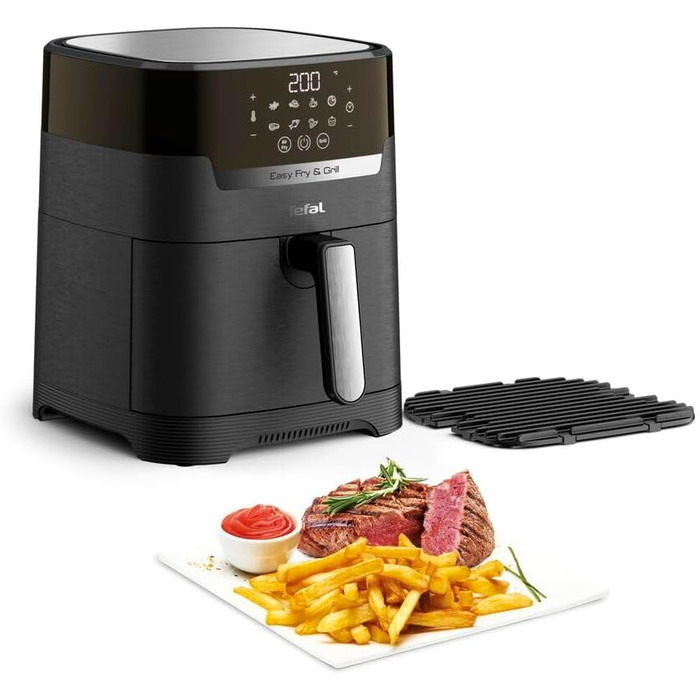 Аерофритюрниця Tefal EY5058 Easy Fry & Grill Технологія 2-в-1 (фритюрниця та гриль) Цифровий дисплей 4,2 літра на 6 порцій 8 програм приготування енергозберігаючі без масла Чорний, XL з дисплеєм без віконця Чорний