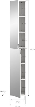 Дзеркальна шафа Project X 30x193x34 см, дзеркальна фасадна частина, білий корпус - висока шафа з дзеркалом - багатофункціональна та безкінечно розширювана, ширина 30 см, дзеркальне скло/білий