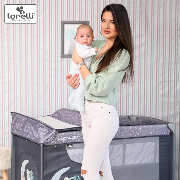 Дитяче ліжечко та манеж Lorelli 3-в-1, Moonlight 2 рівні, бічний вхід, ліжечко з народження, дитяче ліжечко для подорожей, пеленальний килимок, колеса, сумка, сірий/світло-сірий