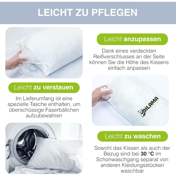 Дитяча подушка 40x60 см - Ергономічна дитяча подушка з регульованою висотою та волокнистими кульками - Бавовна перкаль преміум-кла