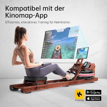 Складаний гребний тренажер R3 з дуба, з РК-дисплеєм з підтримкою Bluetooth, сумісний з Kinomap, резервуар для води 28 л, вантажопідйомність до 150 кг, ергономічне сидіння, регульований тримач для планшета Sapeli