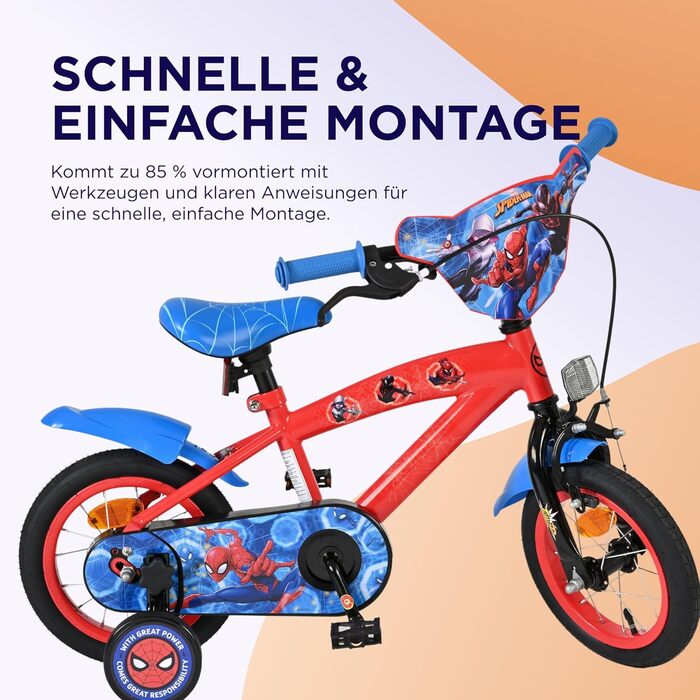 Дитячий велосипед Volare 12, 14, 16 для дівчаток та хлопчиків 36 років Офіційно ліцензований з дизайном персонажа З додатковими колесами, ножним та ручним гальмами, регульоване сидіння та легка збірка Spider-Man 12