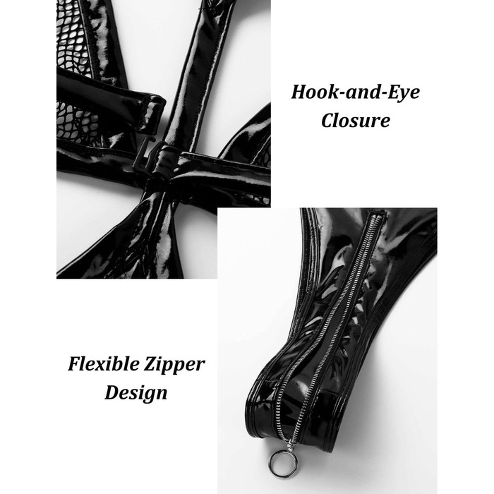 Сексуальний боді, з лакованої шкіри та сітки, чорний, розмір M