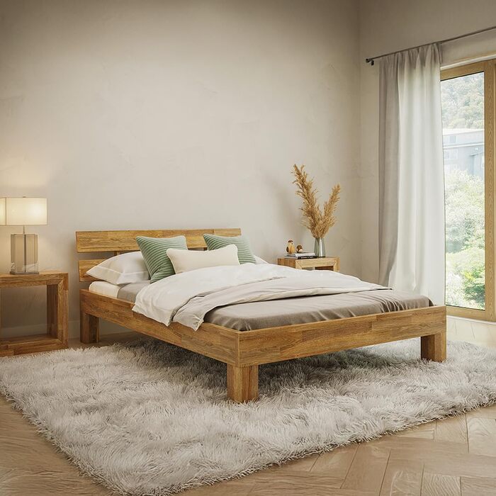 Ліжко Skølm Floki з масиву дуба 140x200 см - високоякісний каркас ліжка - каркас ліжка з узголів&39ям - ліжко з натуральної промасленої деревини - 140x200 см ліжко, що підходить як двоспальне ліжко - футон 140 x 200 см з узголів&39ям - дуб