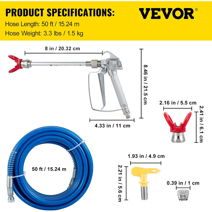 Безповітряний розпилювальний шланг VEVOR робочий тиск 248 бар, розпилювальний шланг 15,24 м, наконечник розпилювального шланга 517, робочий тиск шланга 200-300 бар, перемикається розпилювальна насадка 7/8 дюйма різьблення, розпилювальний шланг 2,2 кг (15,