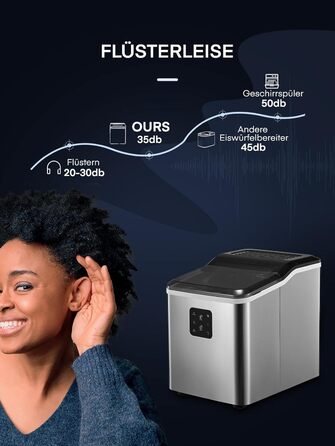 Переможець тесту машини для кубиків льоду 14 кг Льодогенератор Самоочисний льодогенератор, 2 розміри кубиків льоду, час виробництва 6 хв, тиха машина для приготування кубиків льоду до 40 дБ, інфрачервоний датчик, нержавіюча сталь, NORTHCLAN