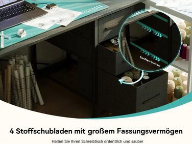 Г-подібний письмовий стіл з 3 тканинними шухлядами, 140 x 80 см. Двосторонній кутовий письмовий стіл з підставкою для монітора, розеткою та USB-портом для зарядки для домашнього офісу, чорний.