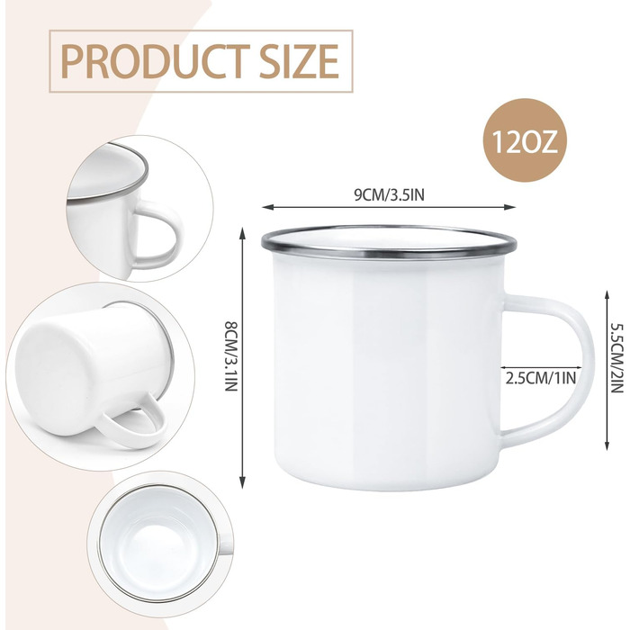 Частинний сублімаційний пустий емальований кухоль, кемпінг, кава, подорожі, металеві кухлі зі срібним обідком для теплопередачі, подарунок &quotзроби сам&quot, білий, 340 мл, 24-