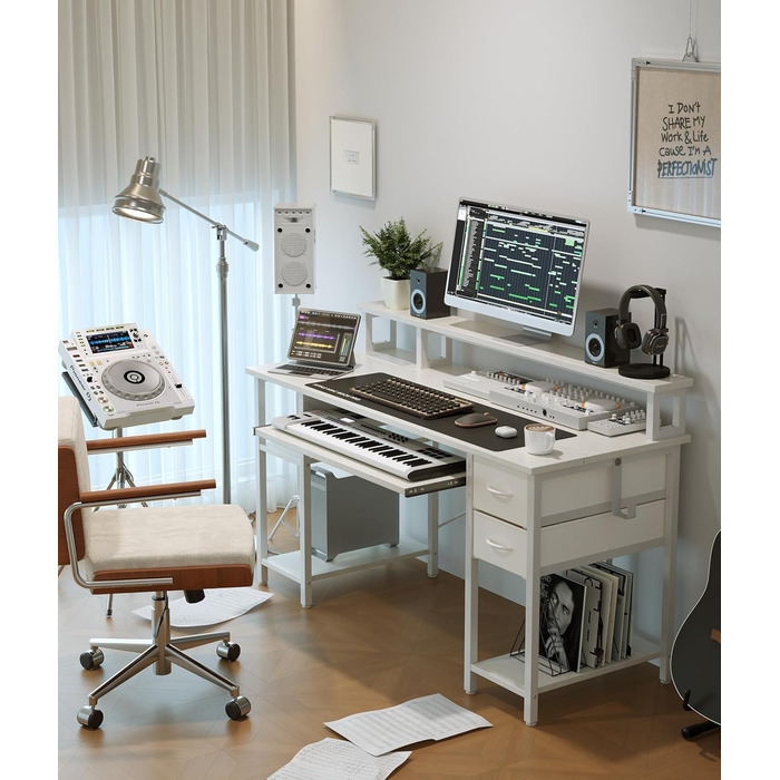 Письмовий стіл з 2 шухлядами, 120 x 50 см, комп&39ютерний/ігровий стіл з підставкою для клавіатури, регульованою по висоті бічною полицею, підставкою для монітора та розеткою для домашнього офісу та вітальні, білий, 120 x 50 см