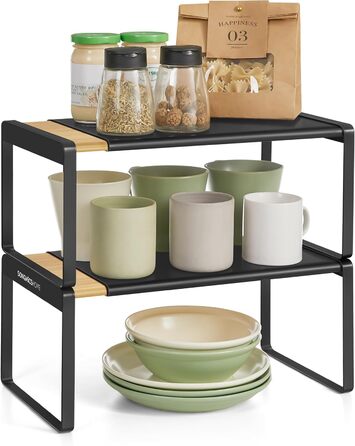 Стійка для спецій, набір з 2 шт. , висувна, кухонний органайзер, кухонна полиця, органайзер для шафи, тримач для спецій, кухня, невелика полиця, штабелюється, настільний органайзер, натуральний бежевий-чорний KCS051B01 2 натуральний бежевий чорнильний