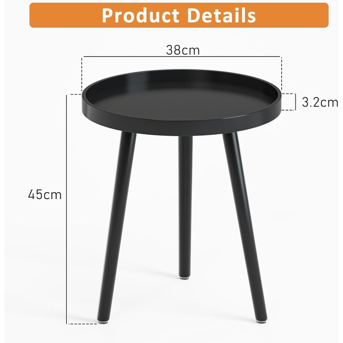 Круглий чорний журнальний столик, маленький столик, 45 x 35 см, столик для вітальні, тумбочка з ніжками з масиву дерева, скандинавський стиль, маленький дерев&39яний журнальний столик для спальні, балкону