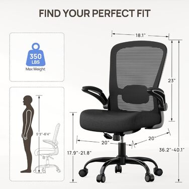 Ергономічне офісне крісло Mimoglad, сертифіковане BIFMA, відкидні підлокітники та кут нахилу 135, регульована поперекова опора, компактне робоче крісло для бізнесу/команди, офісу та дому (чорне, 136 чорно-чорний каркас, сучасний)