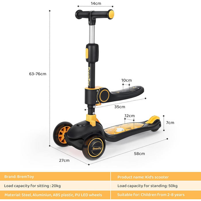 Дитячий самокат BremToy з сидінням, самокат зі світлодіодними колесами, дитячий самокат з регульованим по висоті кермом, складний
