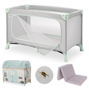Дитяче дорожнє ліжечко hauck Dream N Play Plus XXL комплект аксесуарів з матрацом, ігровим тентом та сіткою від комах, складне та розкладне, сумка та великий вхід Dusty Mint