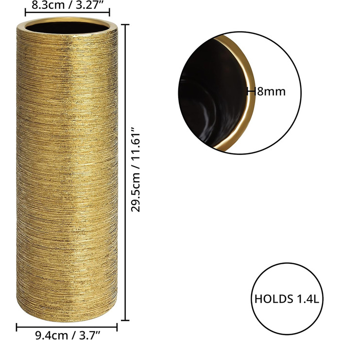Висока ваза Belle Vous з золотим травленням для трави пампаси, квітів та рослин - 9,4 х 29,5 см - Декоративна ваза для дому, столу, весілля, різдвяних та офісних прикрас - Керамічна ваза для друзів та сім'ї