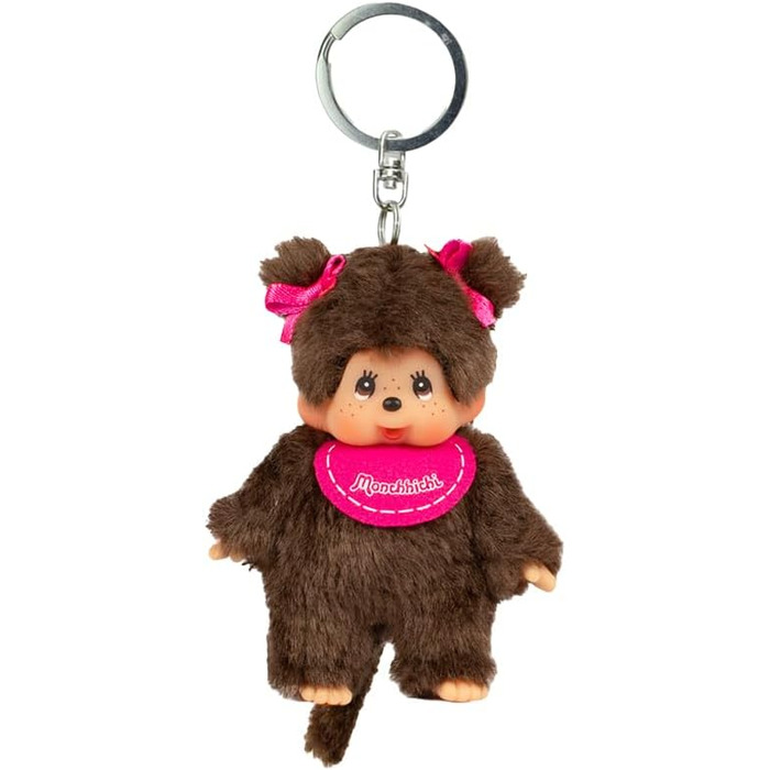 Оригінальний брелок-Monchhichi (дівчинка або хлопчик), плюшева фігурка з нагрудником, приблизно 10 см, коричневий плюшевий брелок для рюкзаків, сумок та пеналів. Коричневий, 10 см, 2534 -